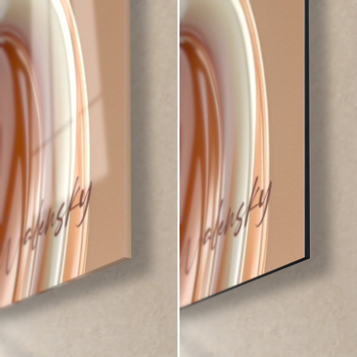 Cuadro macarrón beige y marfil, esquina inferior derecha: cristal acrílico brillante que refleja la luz, Dibond mate y canto de 3 mm