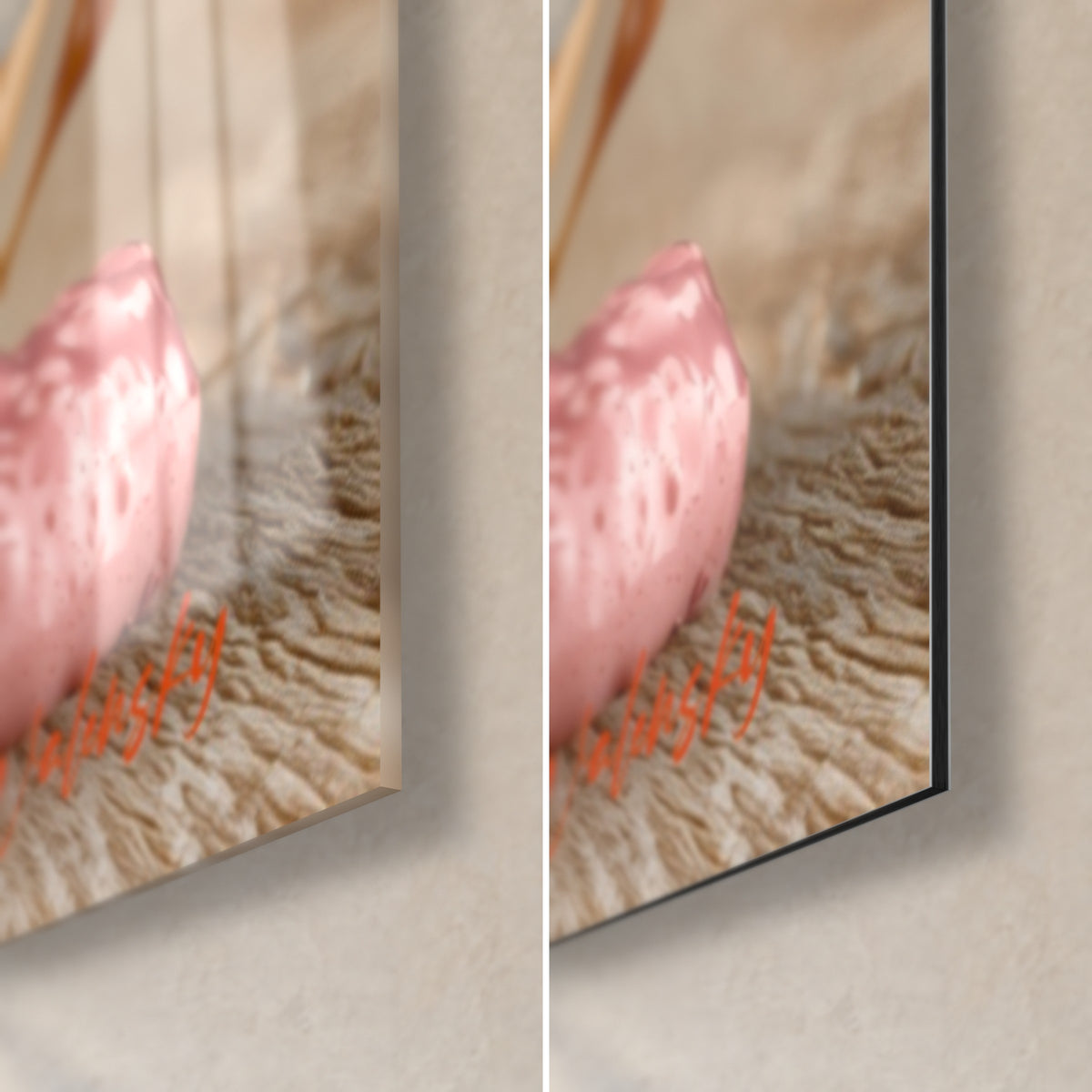 Cuadro de bizcocho rosa espolvoreado con cacao, esquina inferior derecha: cristal acrílico brillante a la izquierda, aluminio Dibond mate negro y canto de 3 mm a la derecha