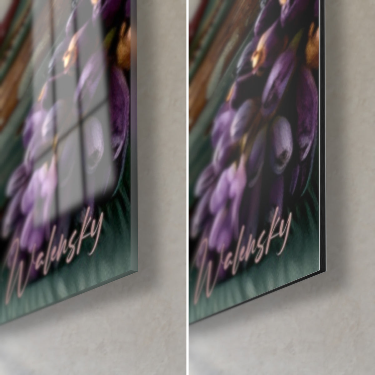 Tableau macarons mauves, coin bas droit : verre acrylique brillant à gauche, Dibond mat à droite, tranche de 3 mm visible
