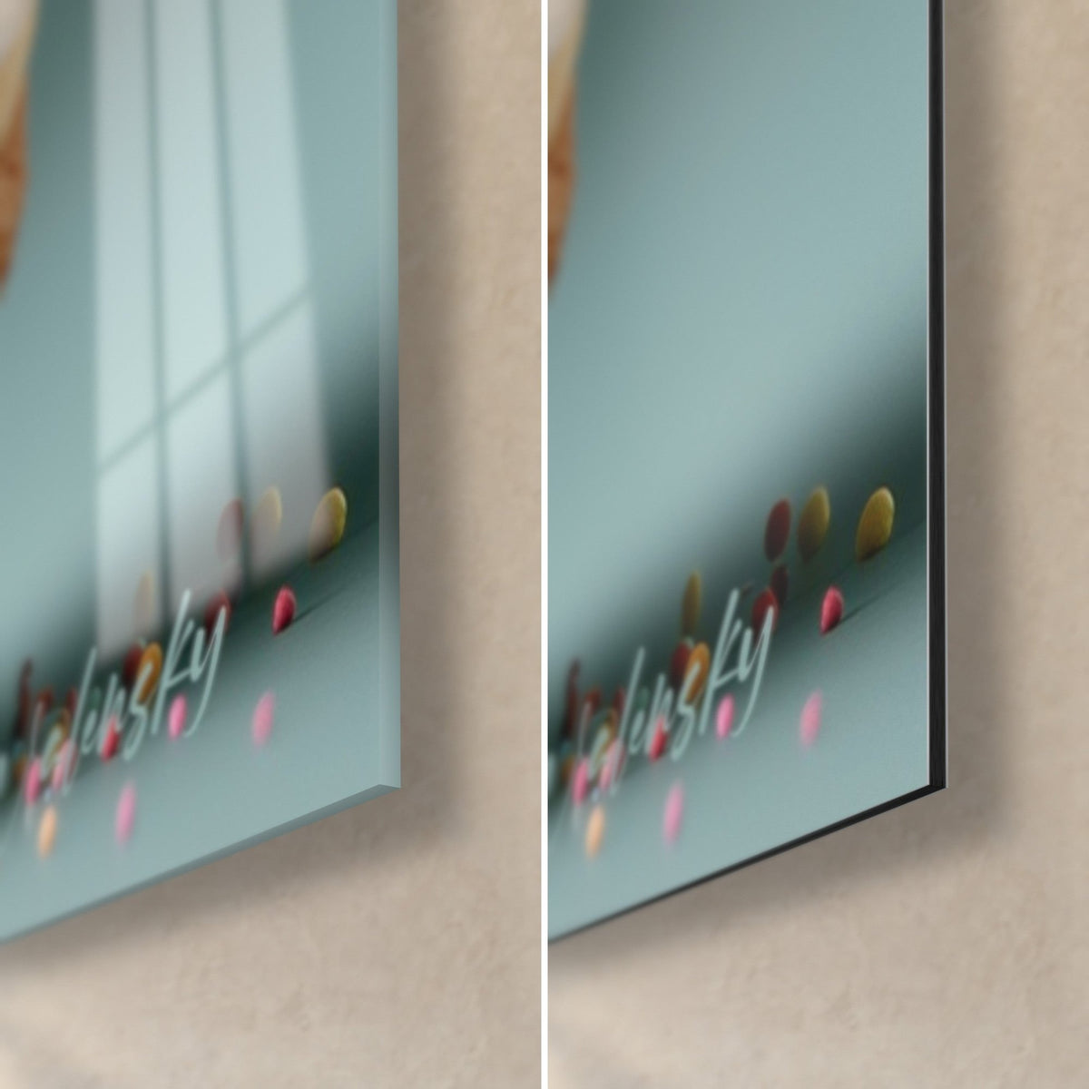 Tableau macaron explosé, coin bas droit : verre acrylique brillant à gauche, alu Dibond mat à droite, vert d'eau, billes roses