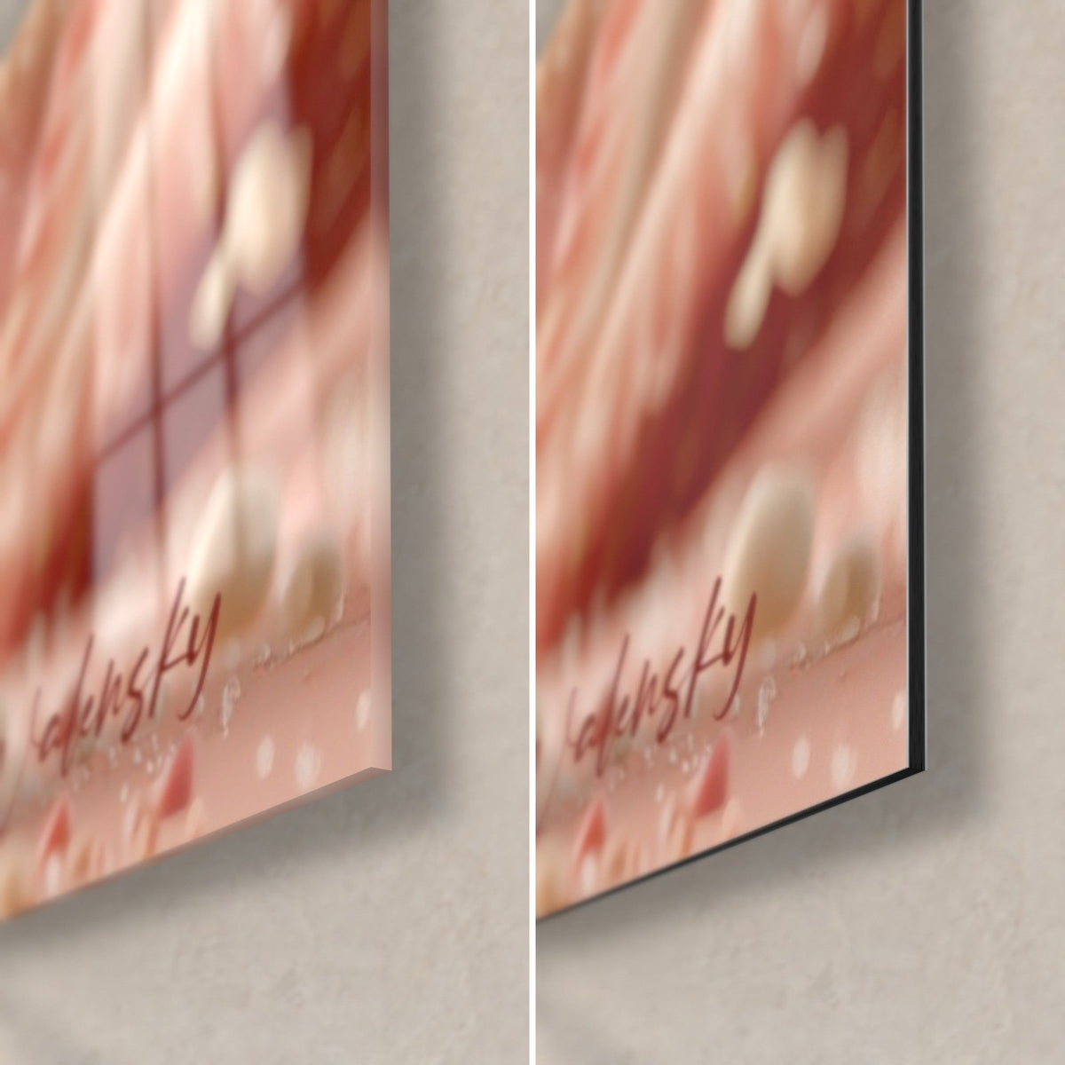 Wall art ivory strawberry macaron, bottom right corner: glossy acrylic glass with rosy reflections, matte black Dibond and 3 mm edge