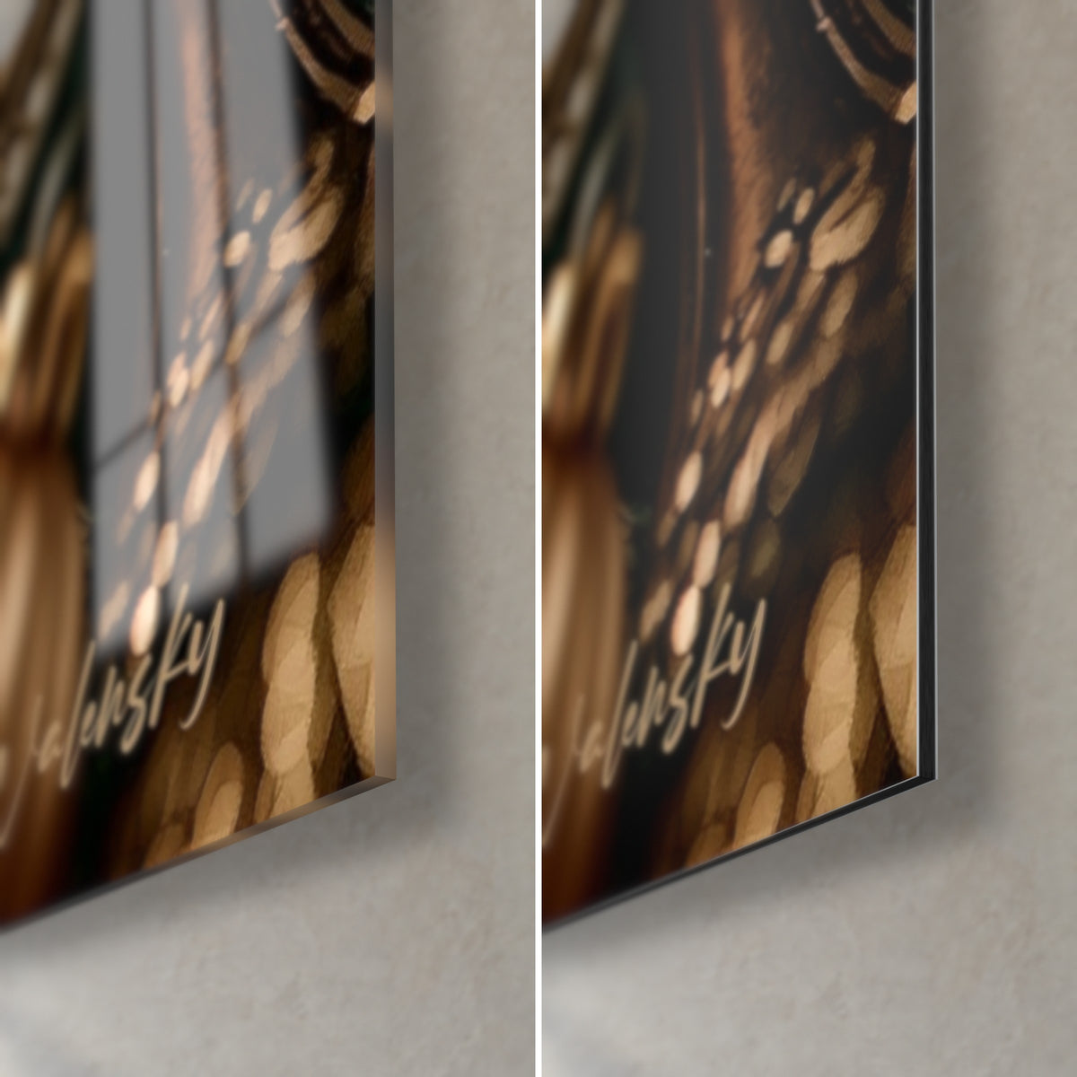 Quadro macarons festivi, angolo in basso a destra: vetro acrilico lucido a sinistra, alluminio Dibond nero opaco a destra, bokeh dorato, spessore 3 mm