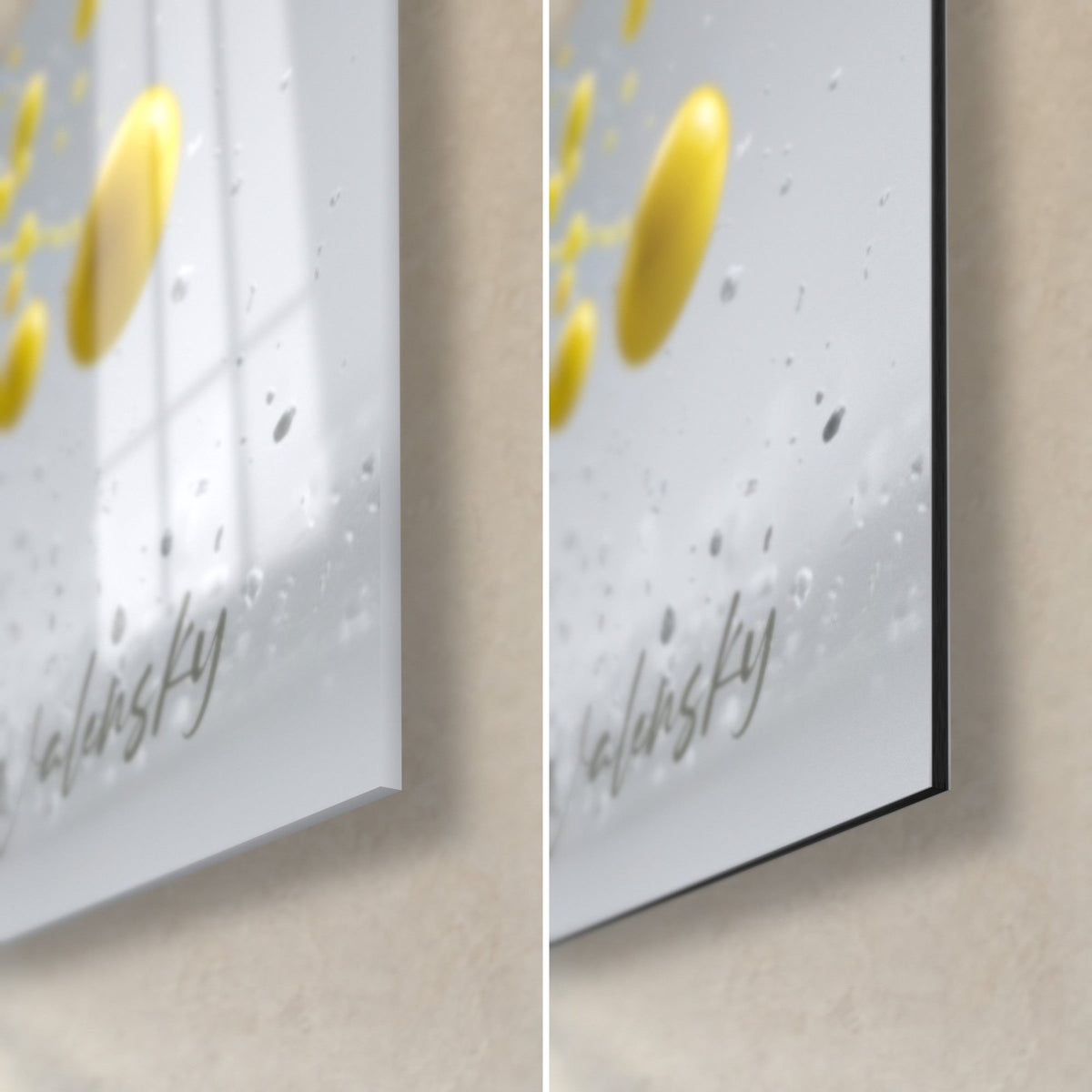 Tableau macaron citron, coin bas droit : verre acrylique brillant jaune et gris à gauche, alu Dibond mat à droite, tranche noire