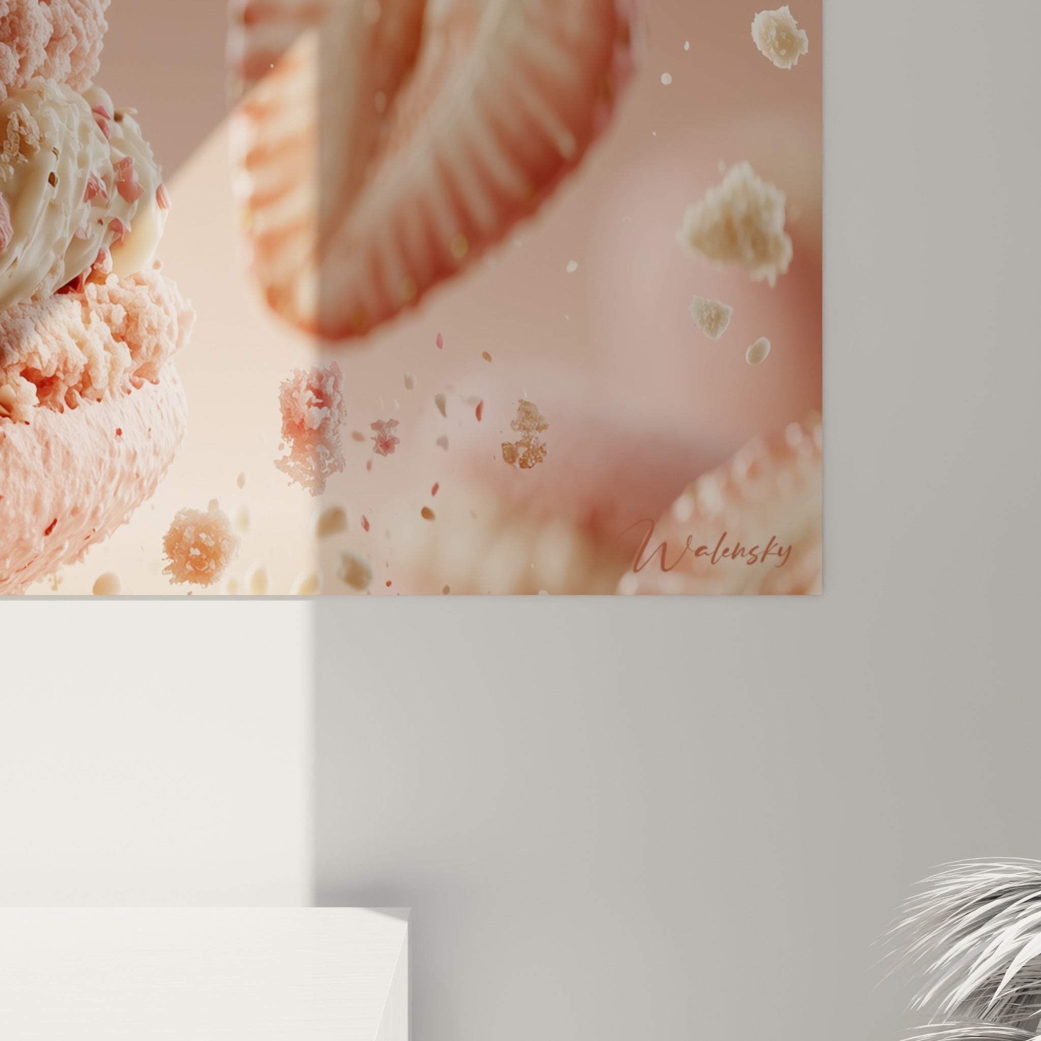 Empâtements roses et crème ivoire se mêlant sur la toile, grain granuleux visible de près sur l'œuvre