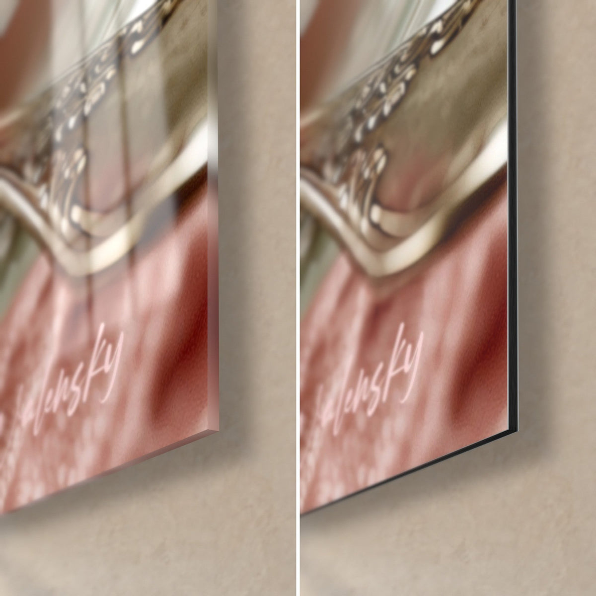 Tableau macarons roses givrés, coin bas droit en verre brillant et alu Dibond mat, cuillère argentée, signature rose, tranche 3 mm