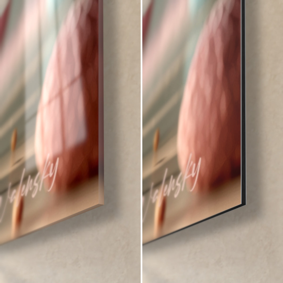 Wall art of pastel macarons, bottom right corner: glossy acrylic glass on the left, matt Dibond aluminium on the right, 3 mm black edge, pink and mauve