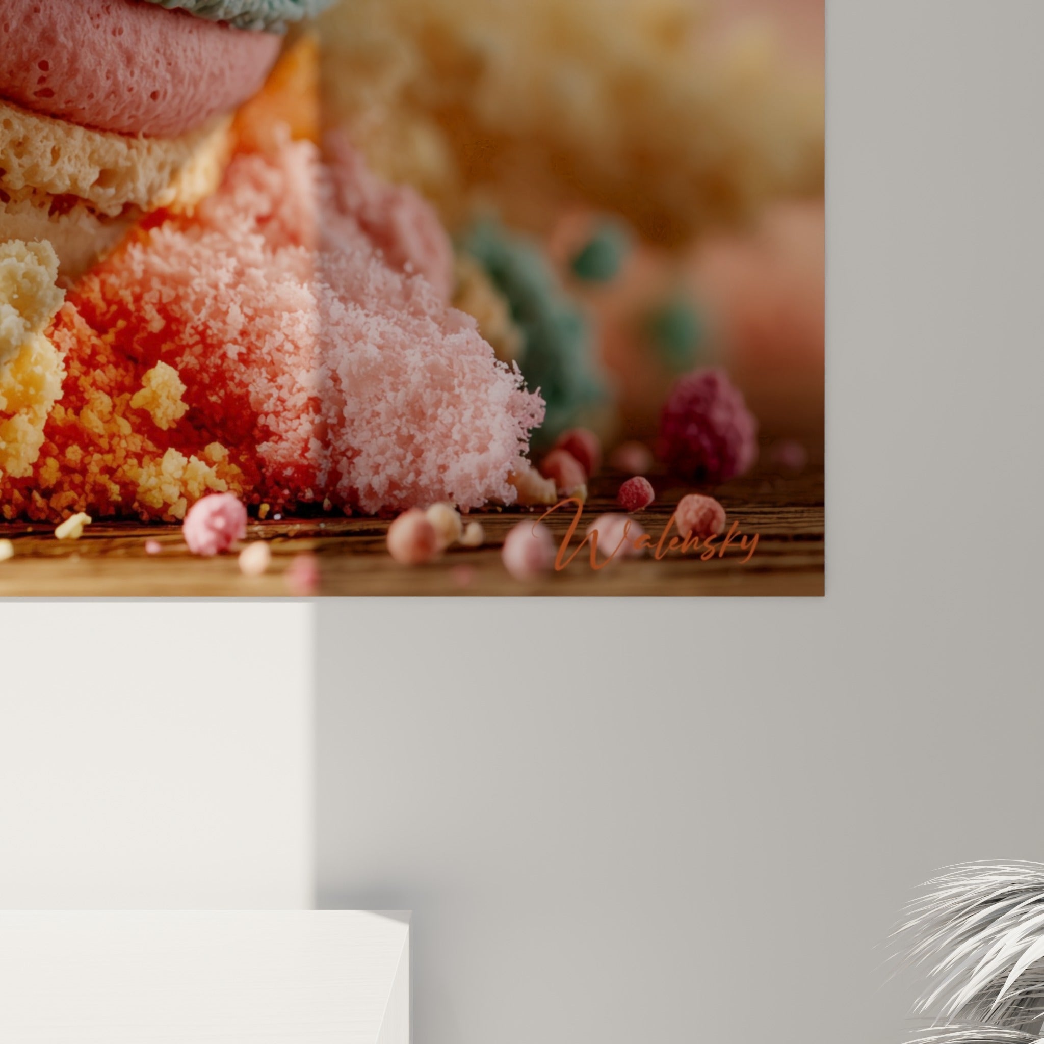 Grain fin de la poudre rose et menthe se détachant du macaron dans une matière granuleuse visible de près