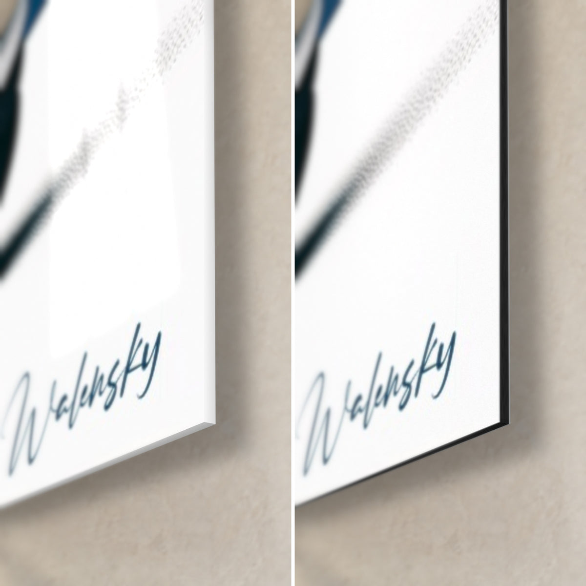 Tableau macarons bleu, jaune et bordeaux, coin bas droit : signature Walensky, verre brillant et reflets, Dibond mat noir