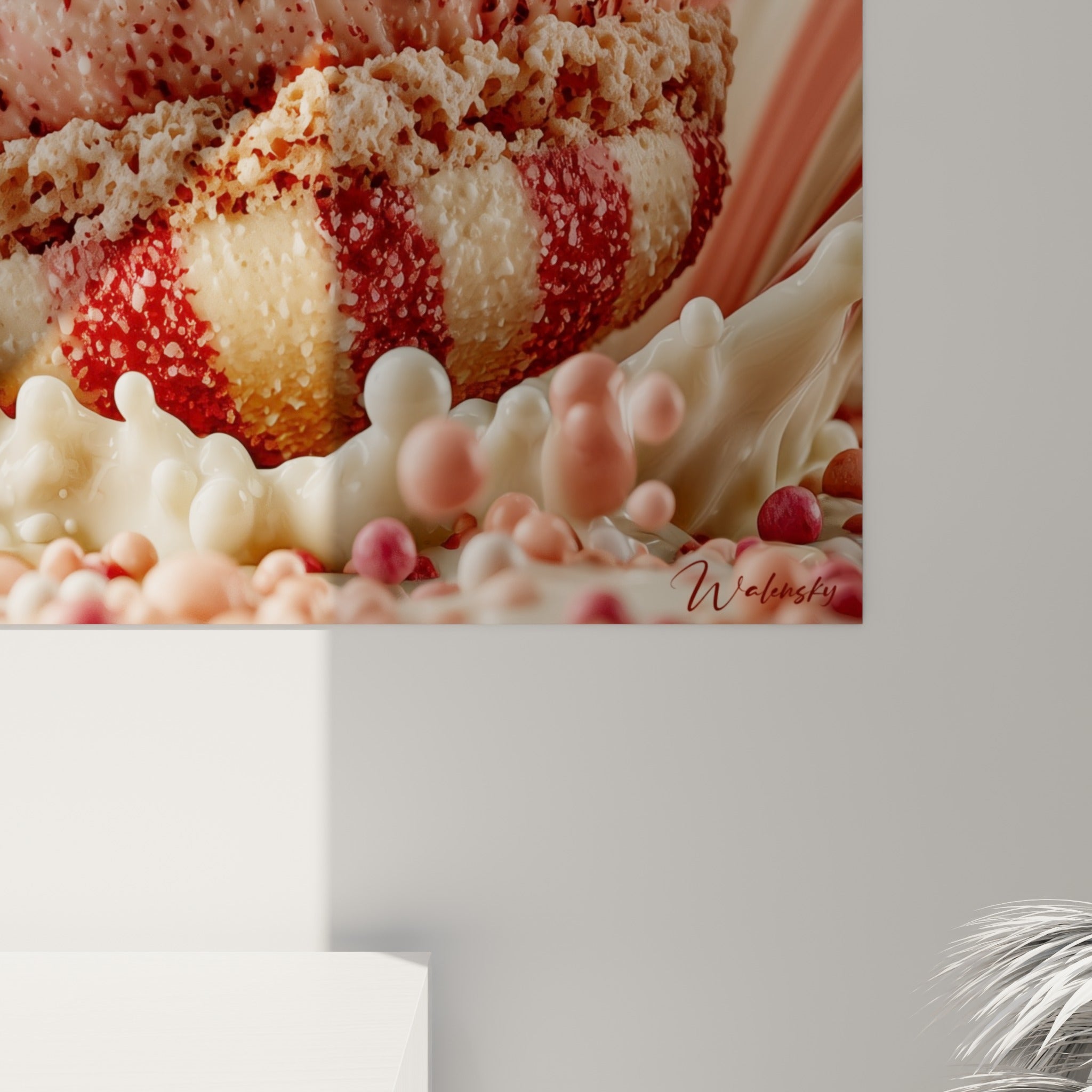 Texture granuleuse du macaron rouge et crème visible en gros plan avec ses ganaches roses mouchetées