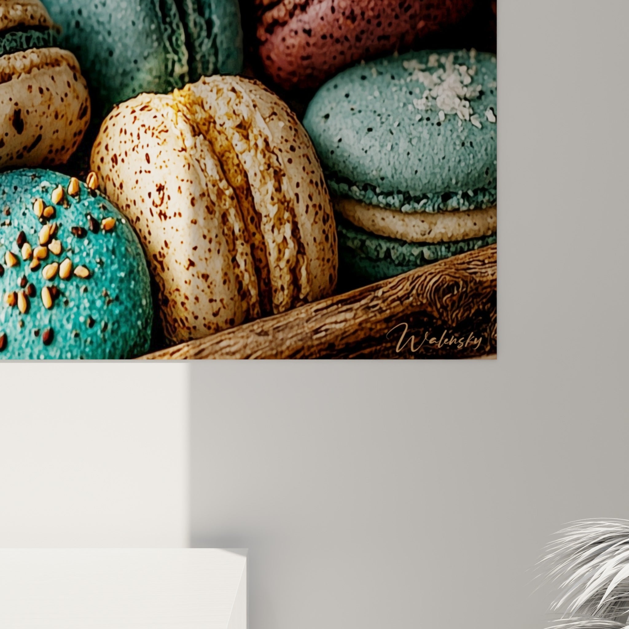 Coque granuleuse d'un macaron bleu sarcelle et beige moucheté révélant sa texture mouchetée à l'impression