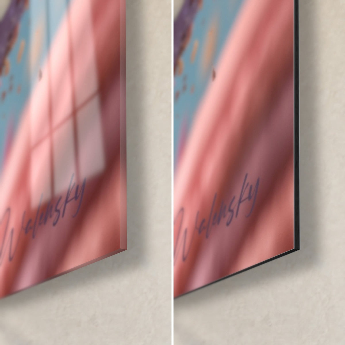 Quadro macaron rosa salmone, angolo in basso a destra: vetro acrilico lucido con riflessi di finestra a sinistra, alluminio Dibond nero opaco a destra, spessore 3 mm