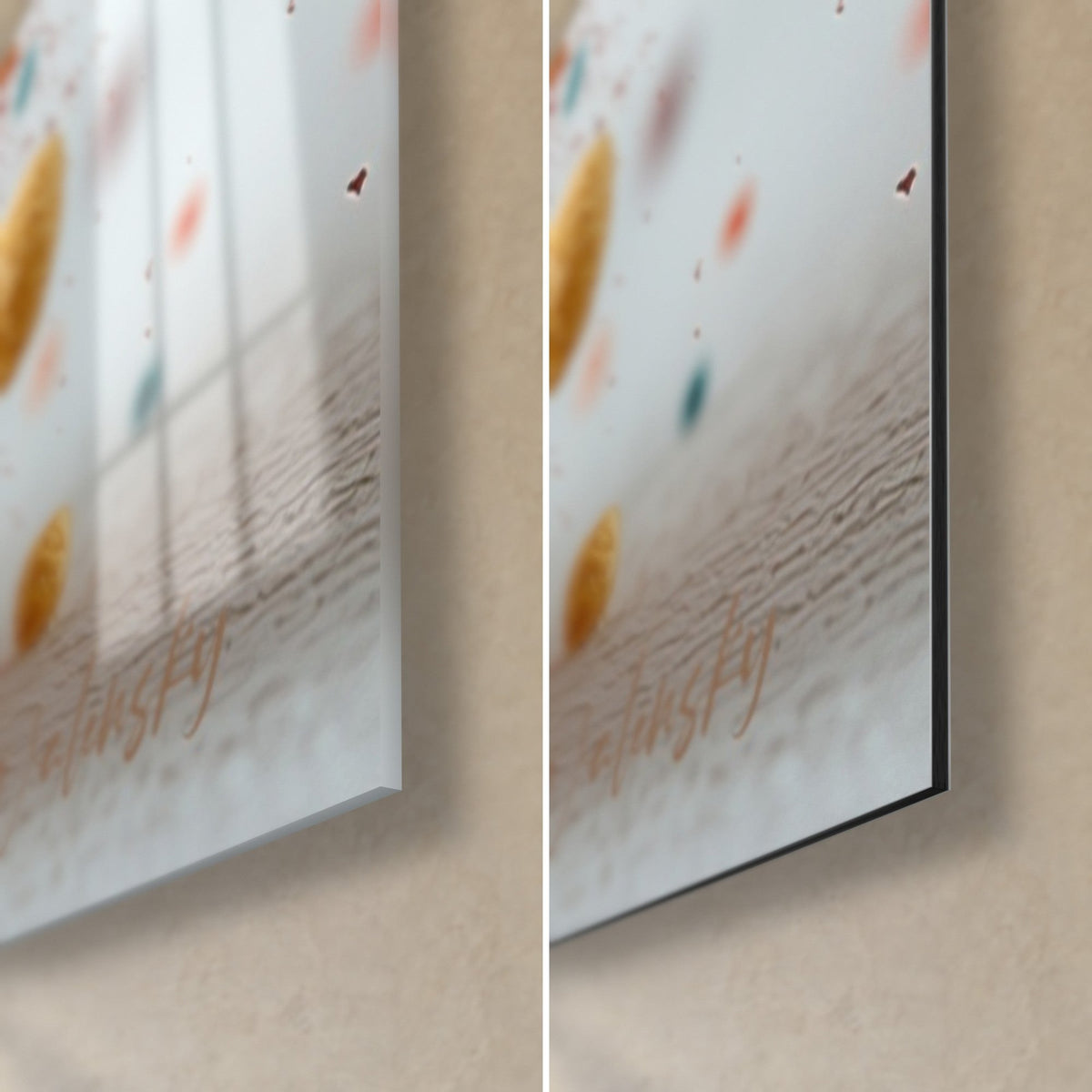 Tableau macarons empilés en dégradé, coin bas droit : verre acrylique brillant à gauche, alu Dibond mat à droite, tranche de 3 mm