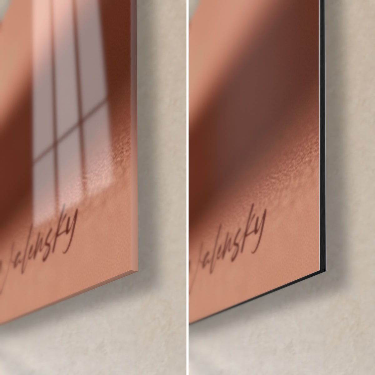 Wall art pink and cocoa pastry, bottom right corner: glossy acrylic glass on the left, matte Dibond on the right, 3 mm thickness