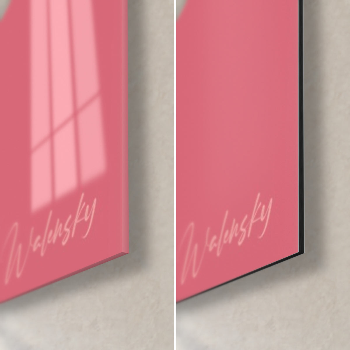 Quadro di un macaron rosa pallido, angolo in basso a destra: vetro acrilico lucido a sinistra, Dibond in alluminio nero opaco a destra, spessore 3 mm