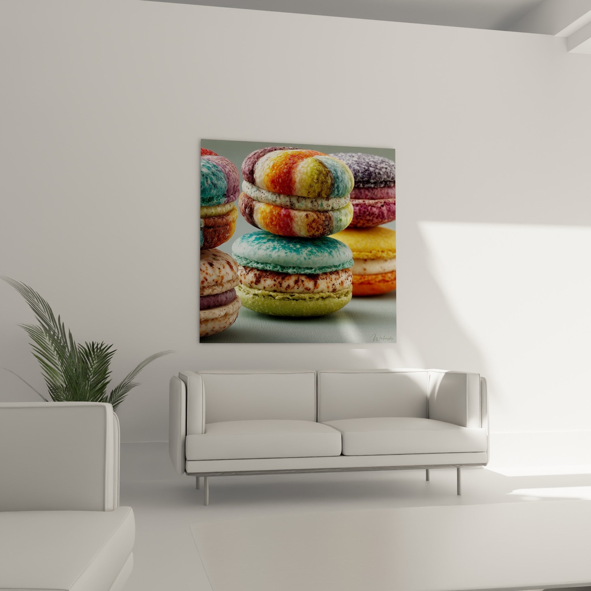 Macarons aux couleurs vives ocre, turquoise et prune, au-dessus d'un canapé dans un salon lumineux
