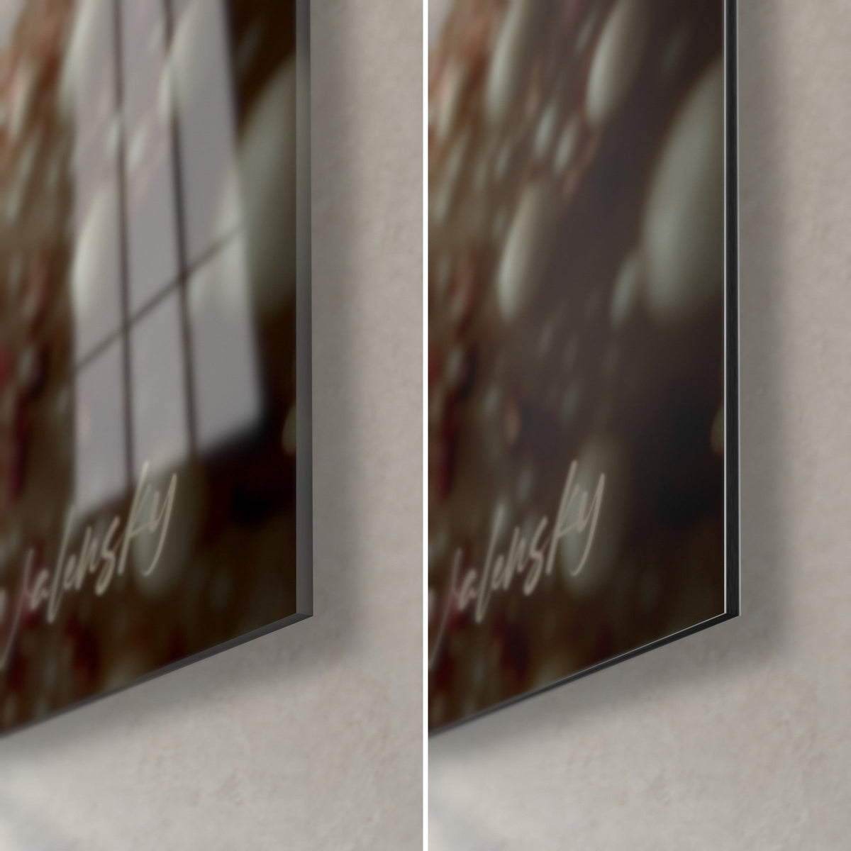 Wall art frosted slate-blue confection, bottom right corner: glossy acrylic glass on the left, matte Dibond on the right, 3 mm edge