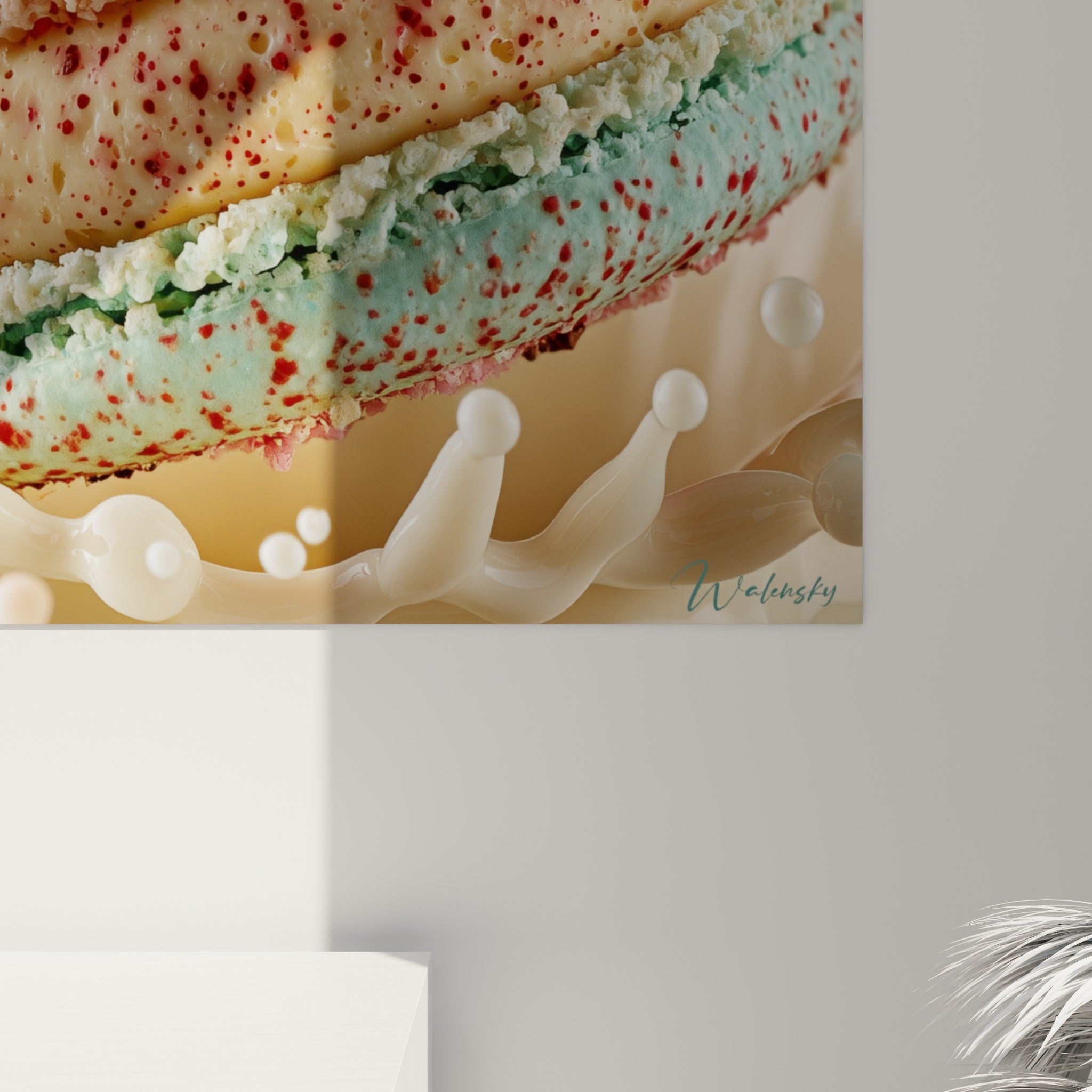 Grain sucré et coulures crémeuses visibles sur ce macaron rose et bleu tacheté de rouge