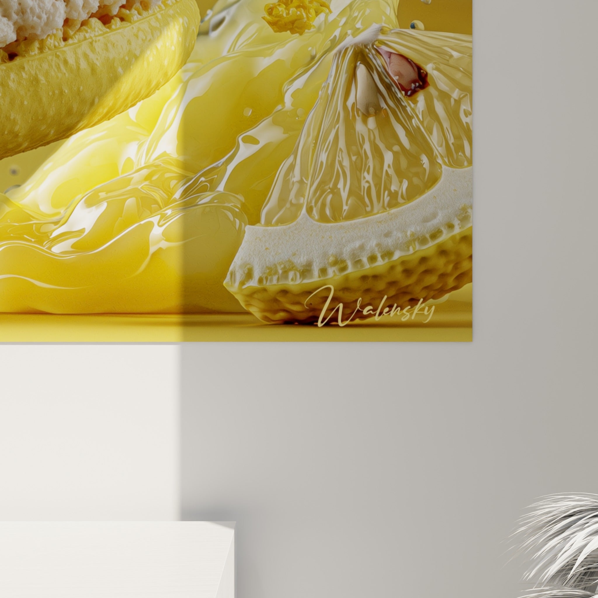 Détail de la texture striée blanc crème et des zestes de citron dorés sur la coque jaune