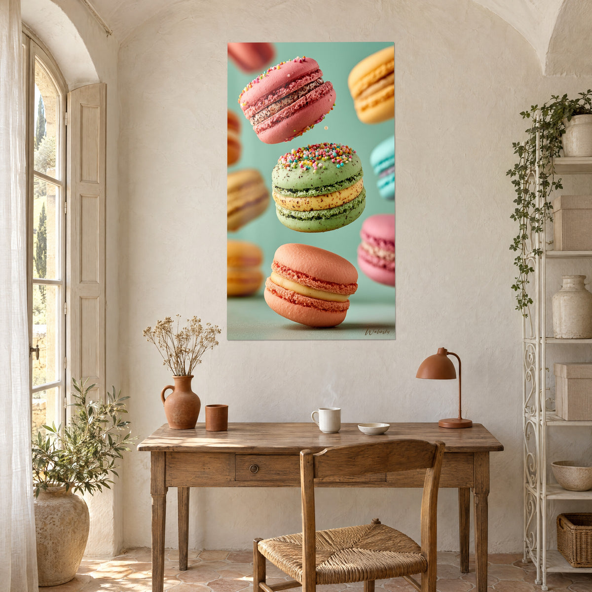 Gemälde runde Gebäckstücke im Schwebezustand, rosa Schale, gelbe gesprenkelte Creme und mandelgrün vor mintfarbenem Hintergrund, über einem Holzschreibtisch eines provenzalischen Landhauses