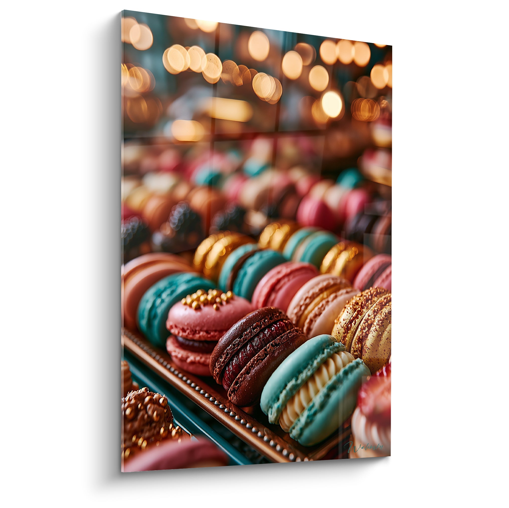 Macarons turquoise, bordeaux et doré alignés sous une lumière chaude et floutée