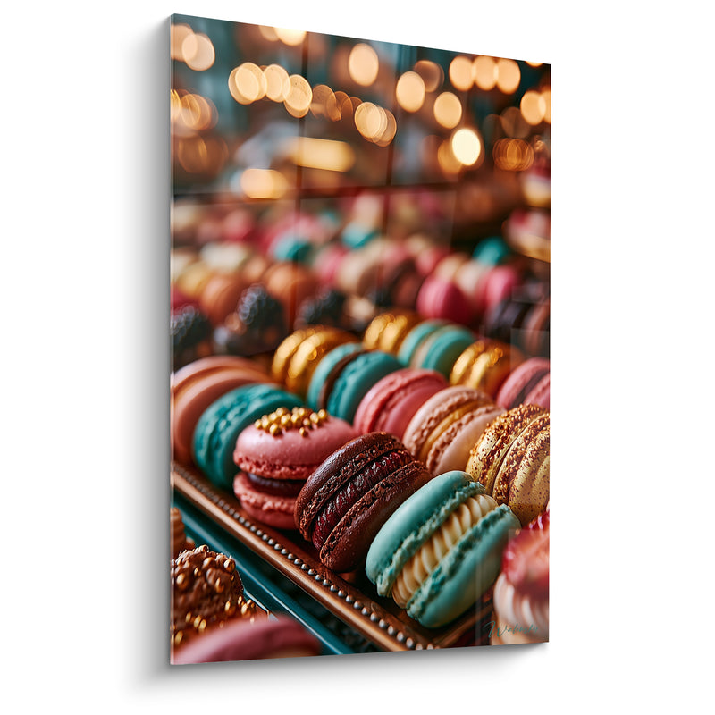 Tableau Macarons turquoise et bordeaux alignés en rangée - Bokeh doré vitrine - Edition Macaron