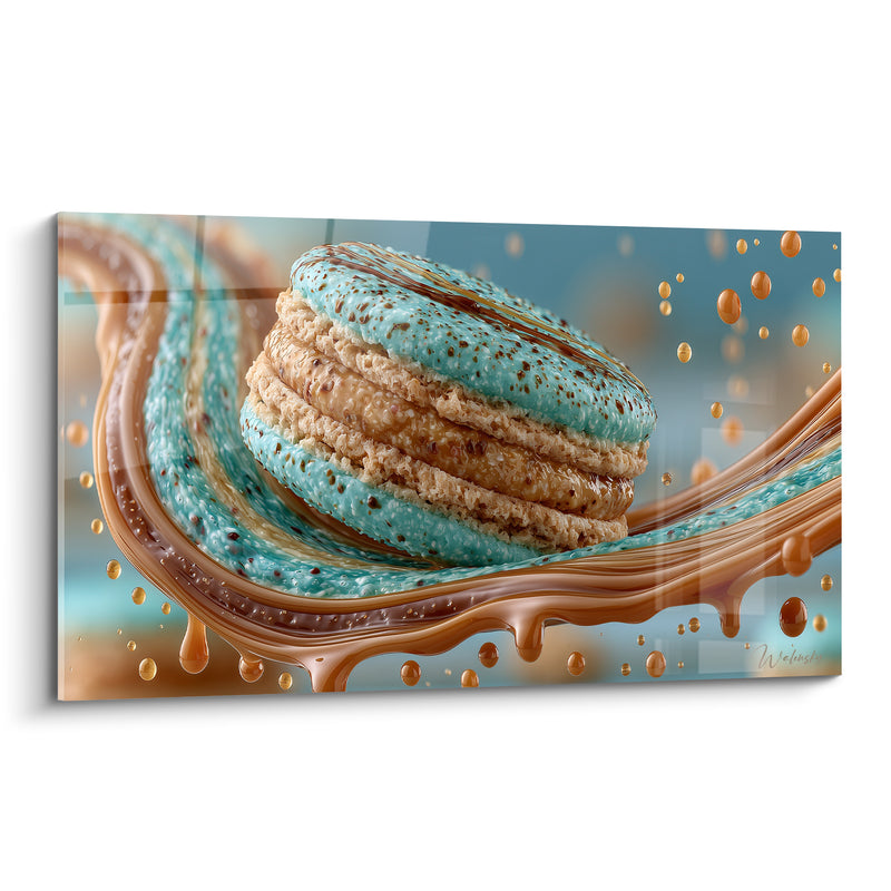 Tableau Macaron turquoise et caramel aux gouttes suspendues - Vague tourbillonnante caramélisée - Edition Macaron