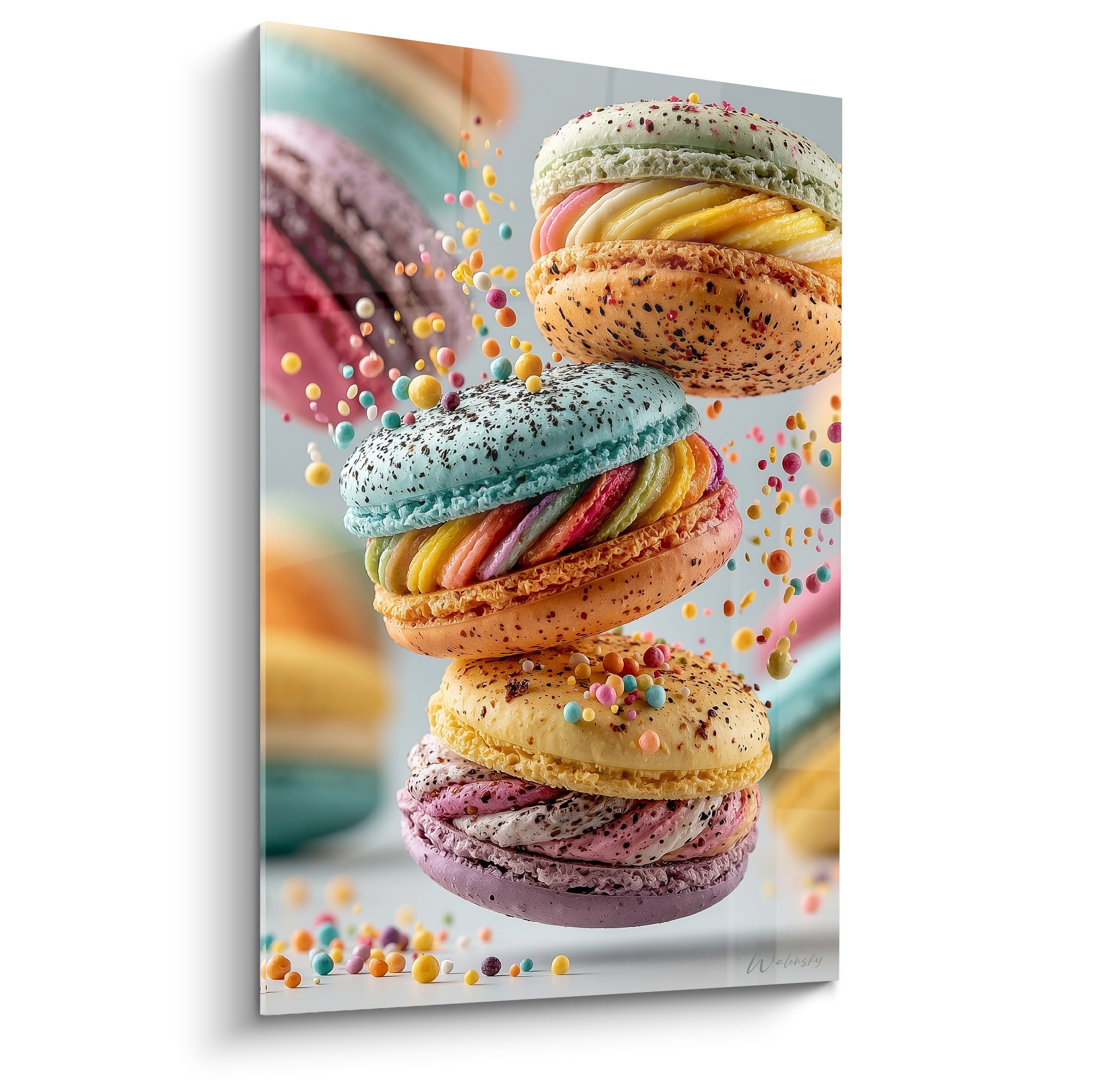 Macarons empilés turquoise, jaune et violet flottant avec perles de sucre colorées éparpillées