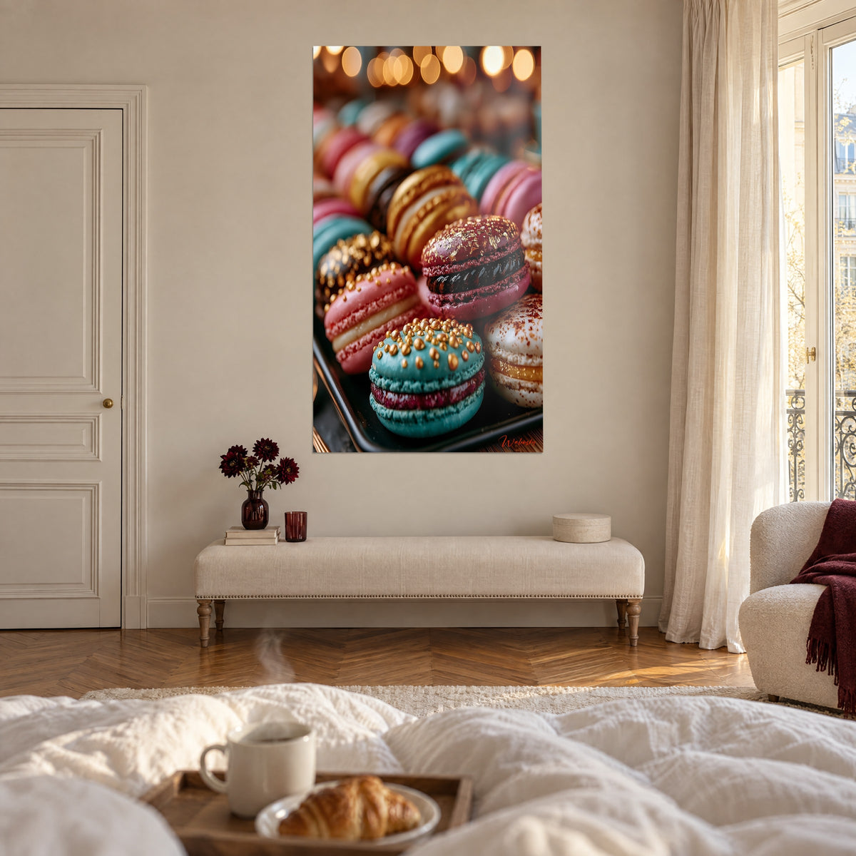 Quadro di golosità rosa, turchesi e dorate, bokeh di ghirlande in alto, sopra un letto in una camera luminosa