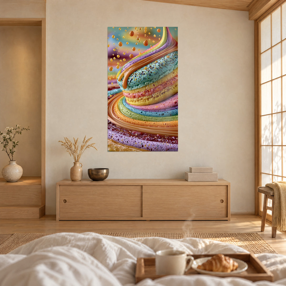 Cuadro tarta espiral con capas rosas, amarillas y turquesas, cascada de caramelo dorado, sobre una cama en un dormitorio luminoso