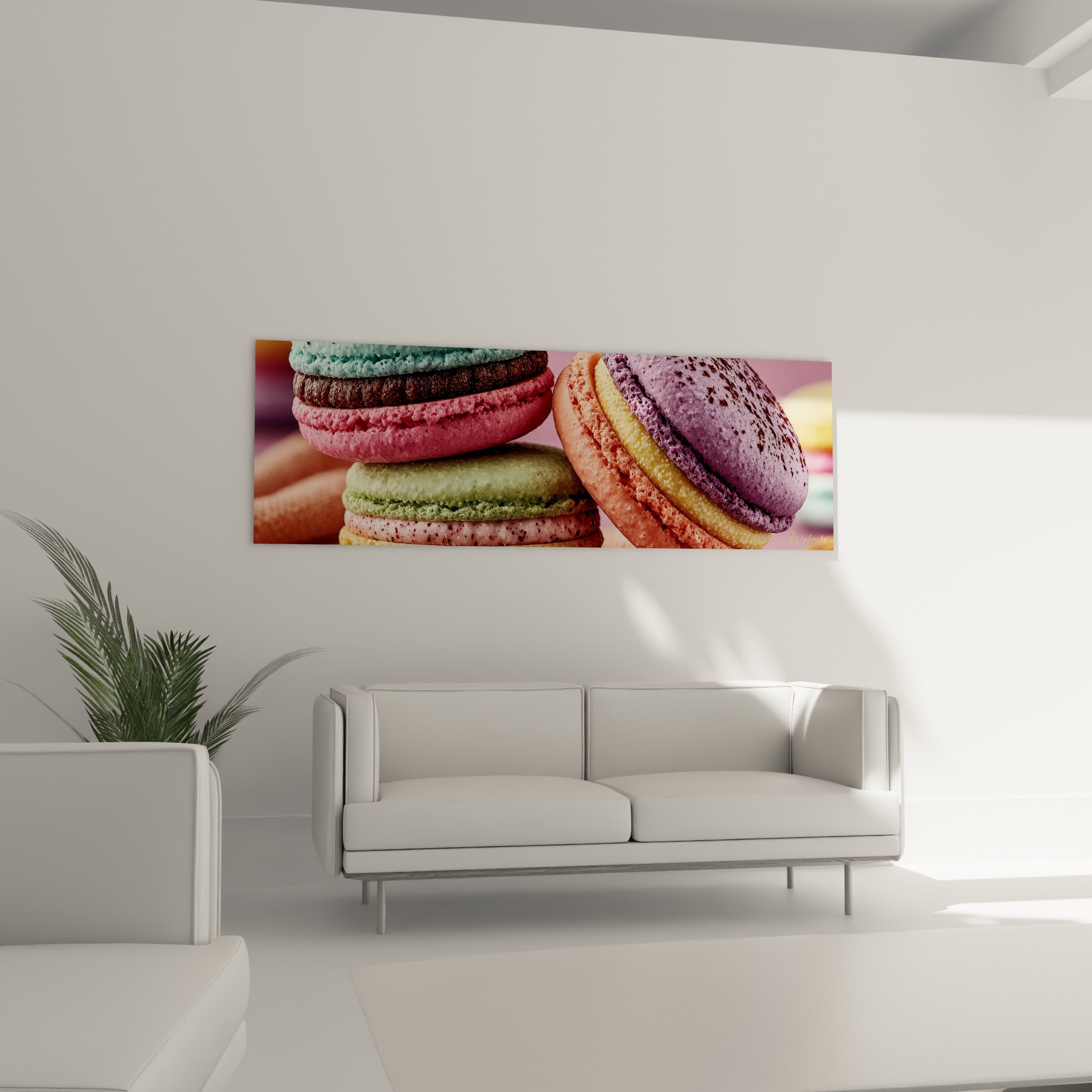 Empilement gourmand de macarons roses et bleu turquoise au-dessus d'un canapé dans un salon lumineux