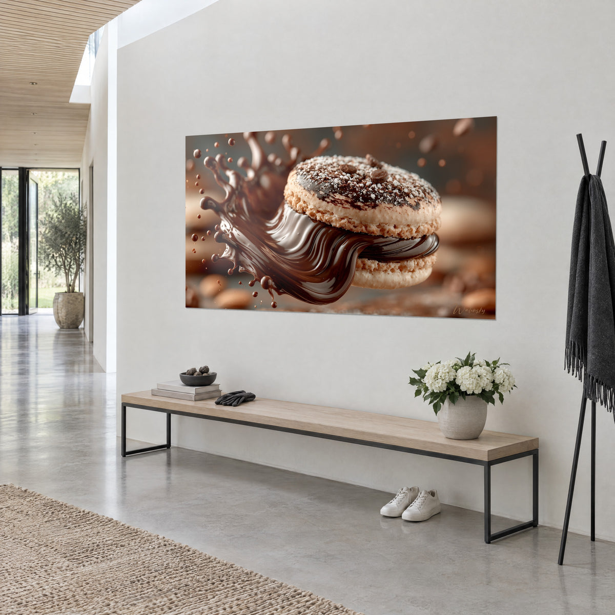 Wall art creamy sponge cake coated in brown ganache, droplets suspended on a copper background, white wall of an architect's house