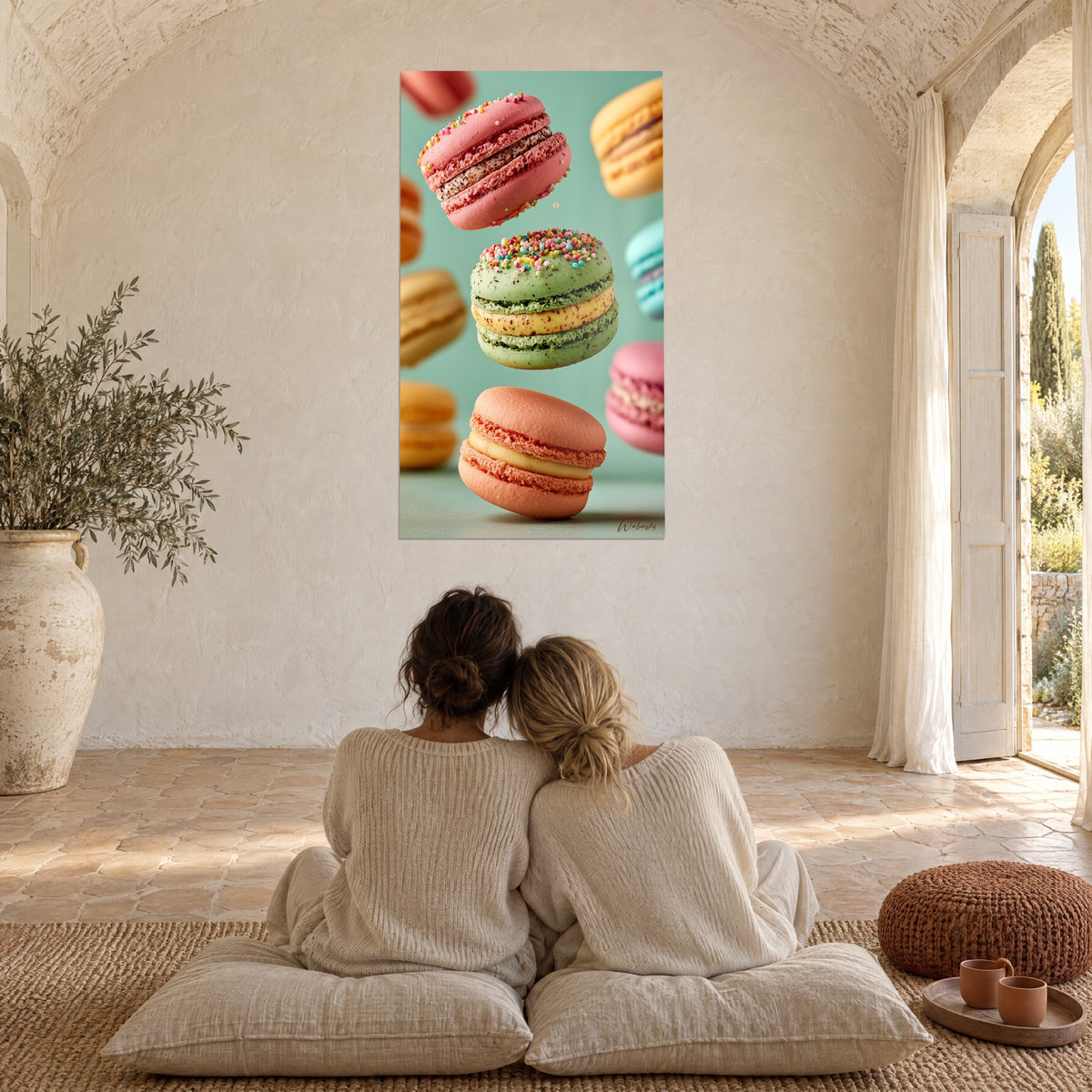 Gemälde schwebende Süßigkeiten, Macaron in Korallen-, Rosa- und Pistaziengrün vor aquamarinem Hintergrund, zwei Personen von hinten sitzend in einem provenzalischen Landhaus