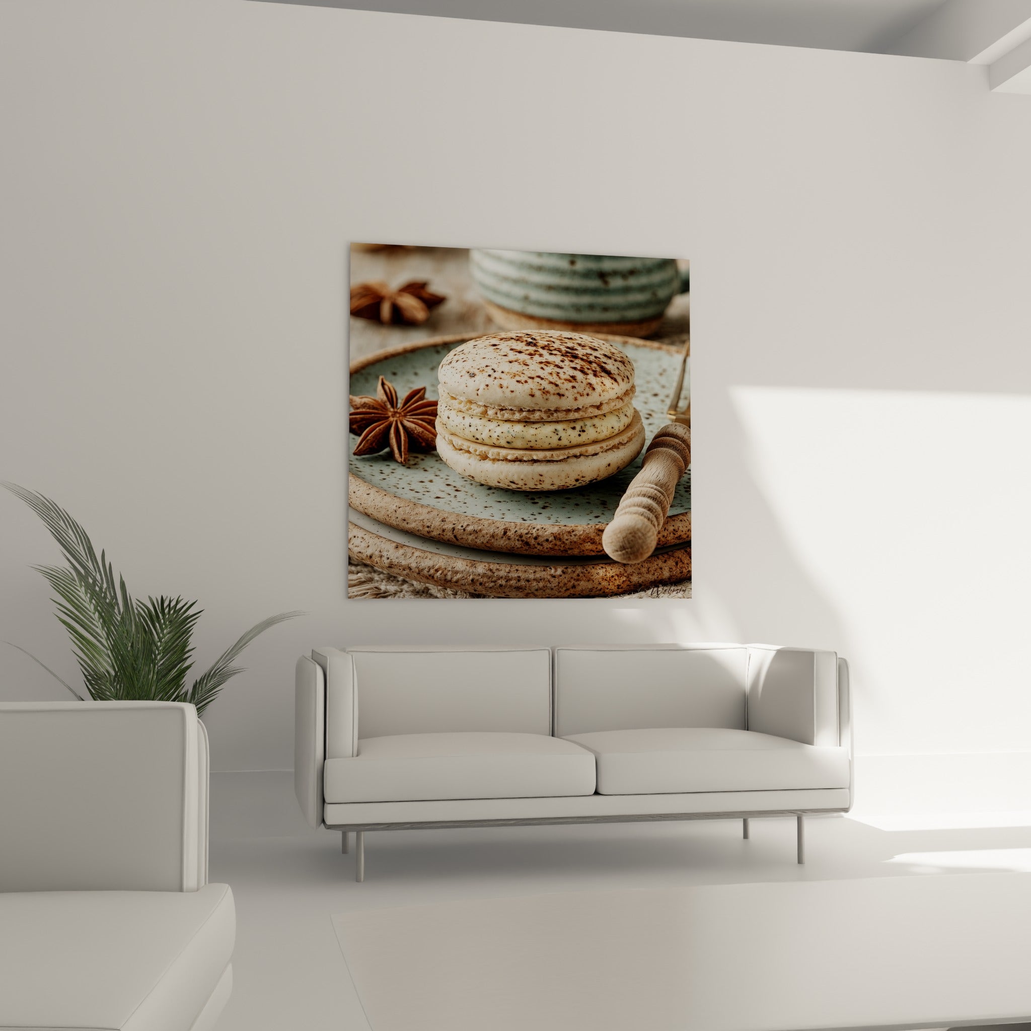 Macaron ivoire et vert céladon garni de crème au-dessus d'un canapé dans un salon lumineux