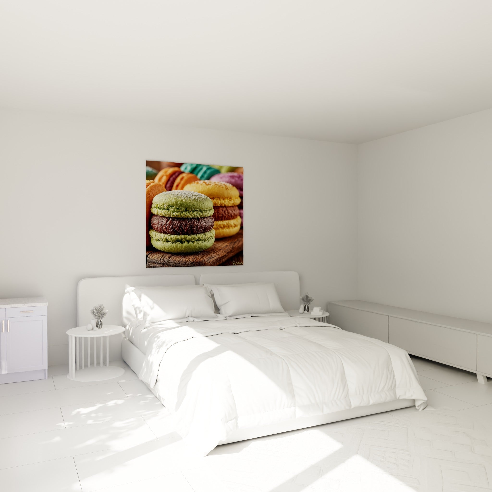 Macarons pistache et chocolat aux teintes vertes et dorées, au-dessus d'un lit dans une chambre claire
