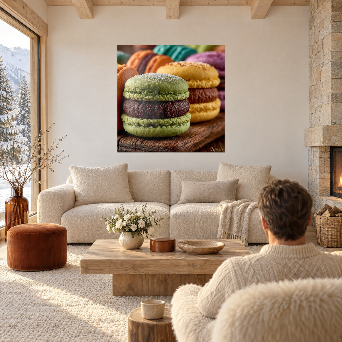 Πίνακας macaron φιστικιού με παγωμένο κέλυφος ζάχαρης, σκούρο γανάχε και κίτρινα macarons, πάνω από καναπέ σε φωτεινό σαλόνι