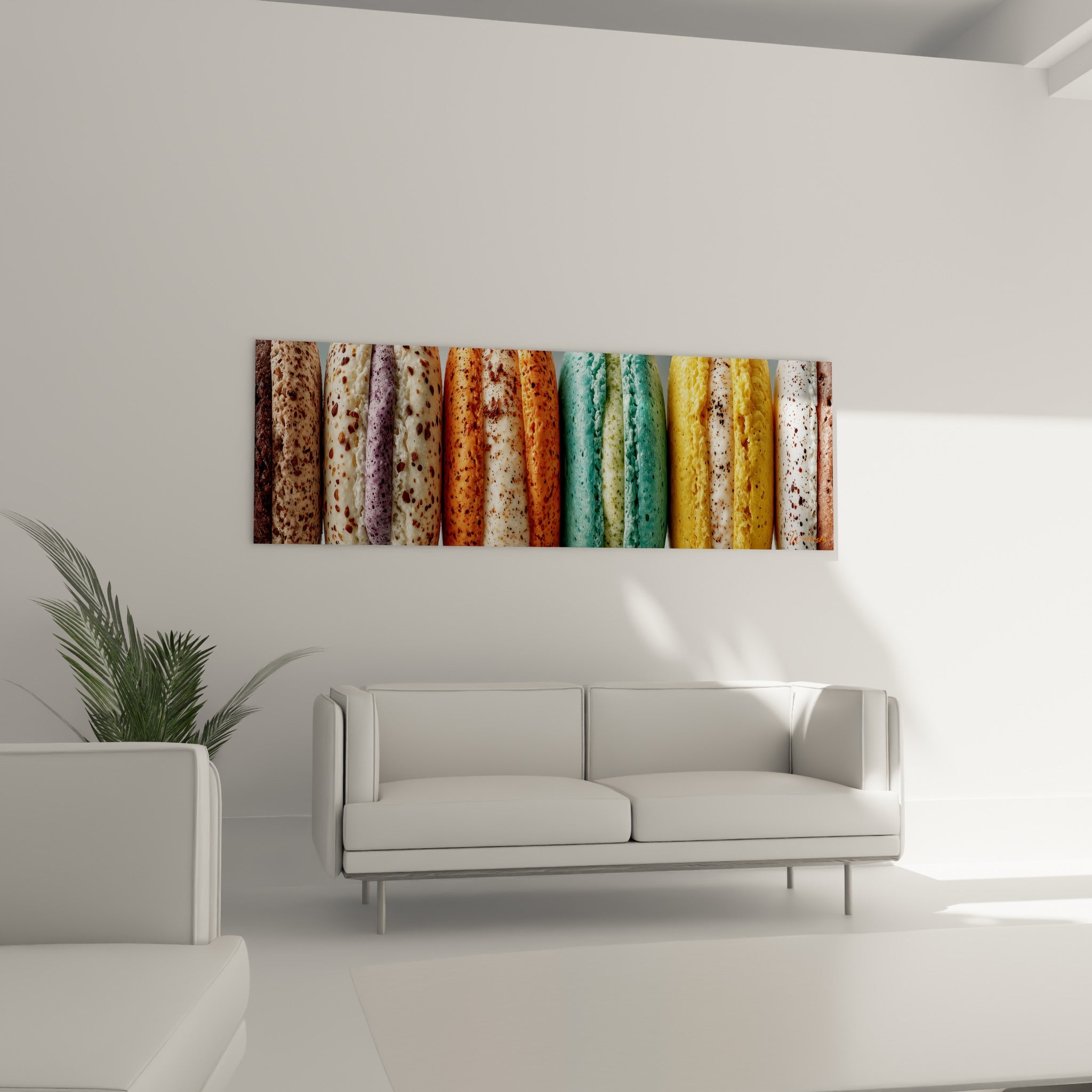 Biscuits gourmands aux teintes jaune safran et turquoise disposés au-dessus d'un canapé dans un salon lumineux