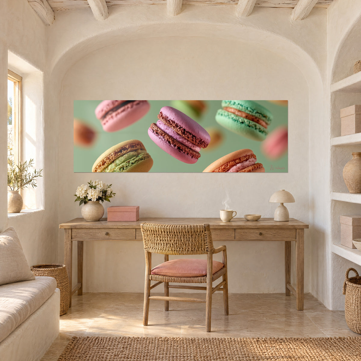 Wall art pastel macarons in flight, raspberry and mint on sage background, in an arched niche above a wooden desk