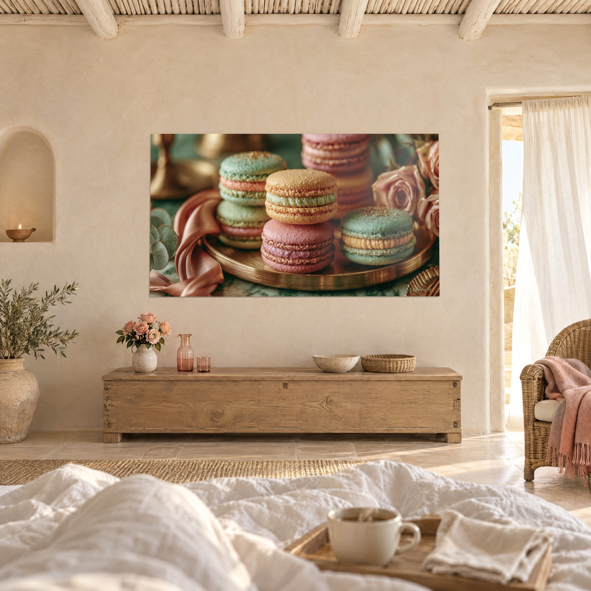 Quadro di biscotti e macarons turchese e rosa, vassoio dorato e seta satinata, sopra un letto in una camera luminosa