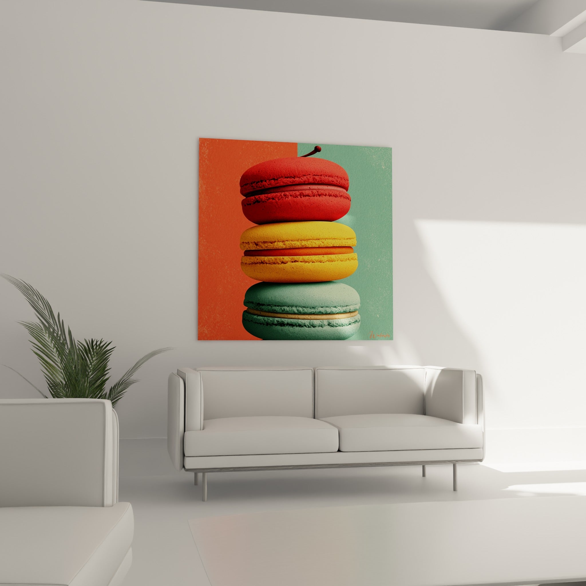 Macarons colorés vert menthe et rouge cerise, au-dessus d'un canapé dans un salon lumineux