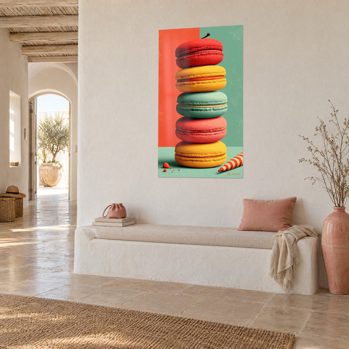 Tableau tour gourmande de macarons texturés rouge cerise et jaune safran, queue brune au sommet, mur chaulé, banquette blanche