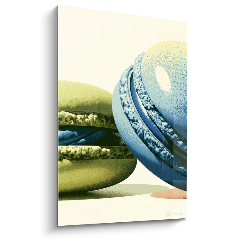 Tableau Macaron vert olive et bleu penché contre l'autre - Ombre ovale pastel - Edition Macaron