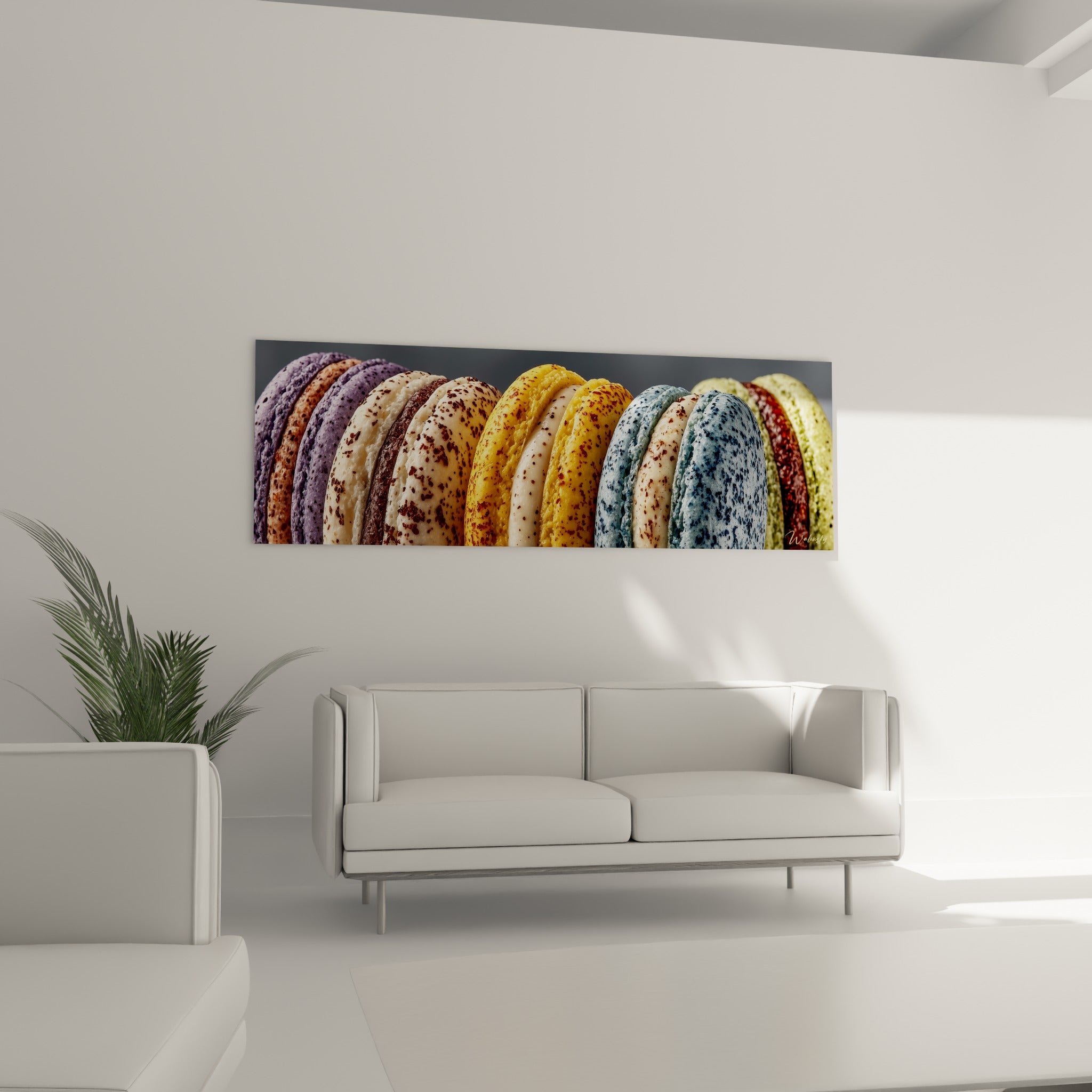 Rangée de macarons bleu ardoise et jaune safran accrochée au-dessus d'un canapé dans un salon lumineux