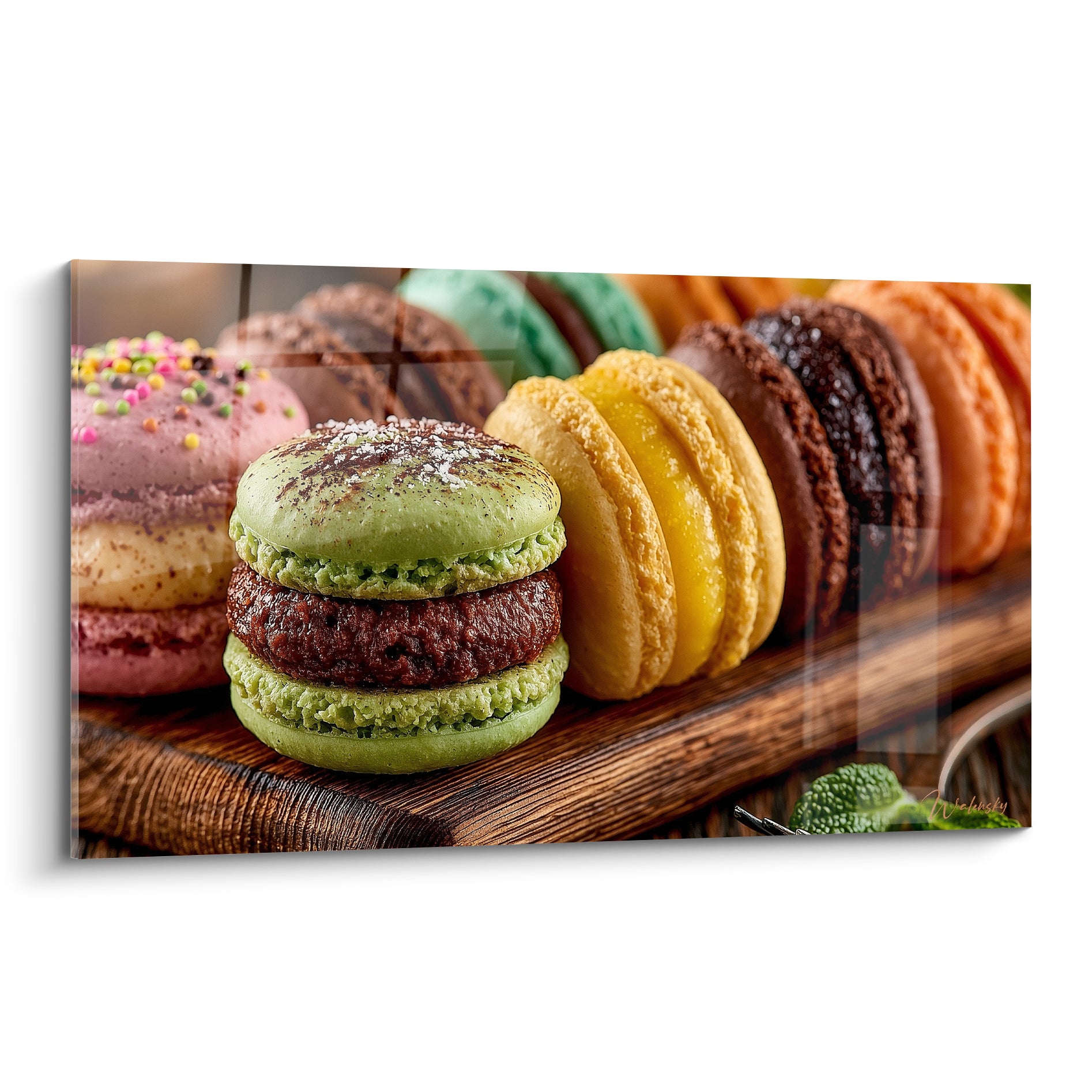 Macarons vert pistache et jaune citron alignés sur planche en bois brun texturé