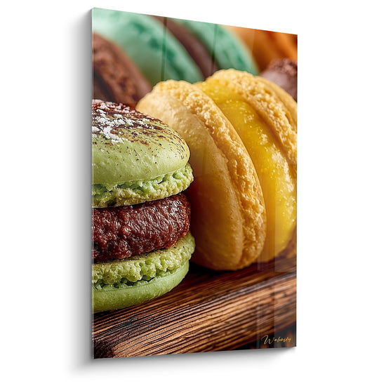 Macarons vert pistache et jaune miel empilés, coques craquelées, garniture chocolat sur bois brun