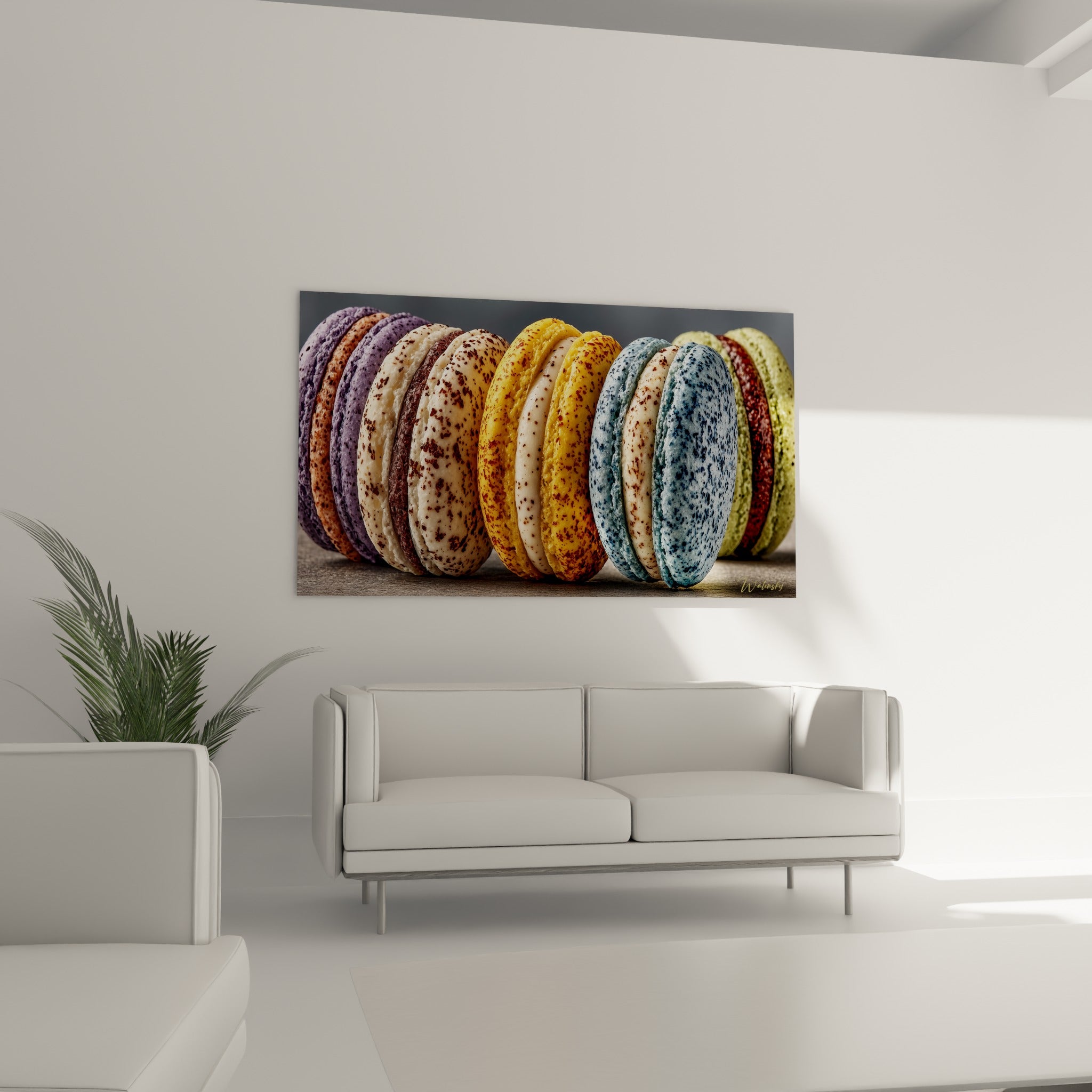 Rangée colorée de macarons jaune et vert pistache au-dessus d'un canapé dans un salon lumineux
