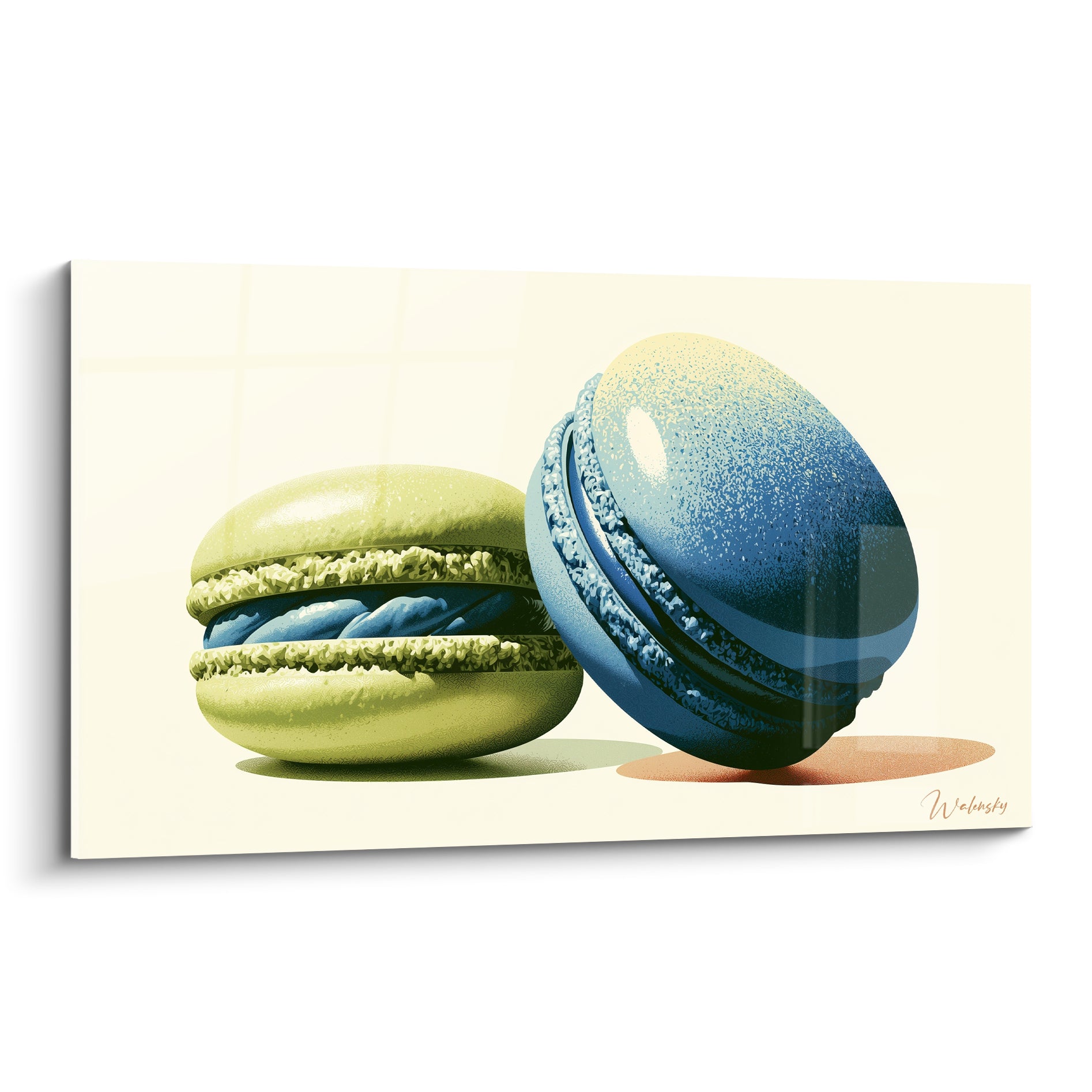 Macarons vert sauge et bleu marine illustrés sur fond ivoire, texture granuleuse et lumière douce