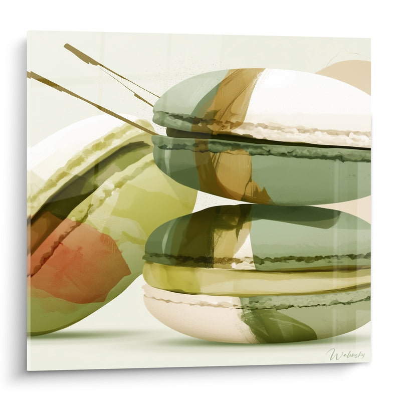 Tableau Macarons vert sauge et ocre aux traits filiformes - Éclaboussure corail pastel - Edition Macaron