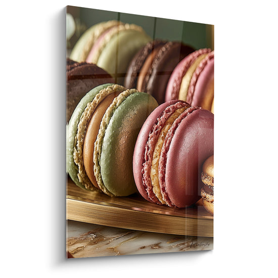 Macarons vert sauge, rose poudré et dorés alignés sur un plateau en bois, coques craquelées et ganache fondante