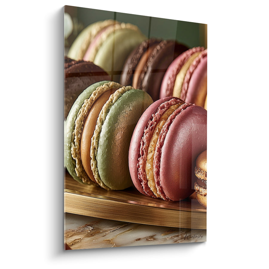 Tableau Macarons vert sauge et bordeaux sur plateau doré - Rangée de coques craquelées - Edition Macaron