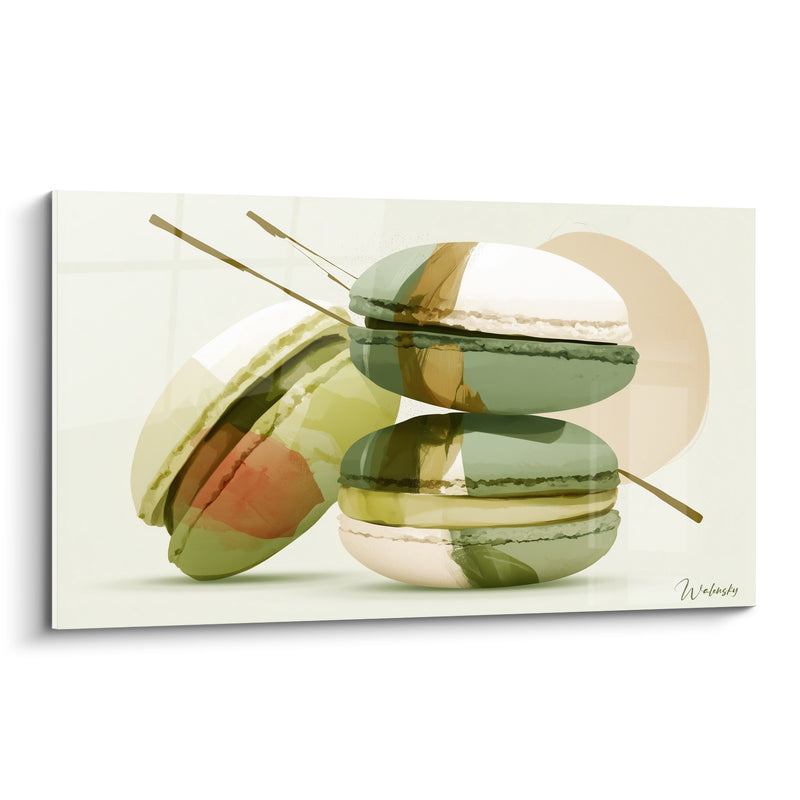 Tableau Macaron vert et beige aux traits filiformes dorés - Coques peintes aquarelle - Edition Macaron